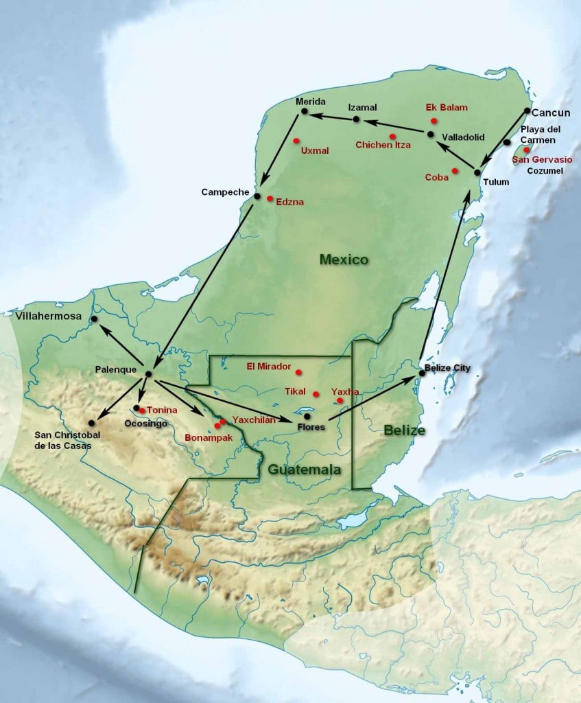 Karte - Mayaland - Karte 1 ist eine bearbeitete Version von https://commons.wikimedia.org/wiki/File:Maya_civilization_location_map-blank.svg © Sémhur / Wikimedia Commons / CC-BY-SA-3.0